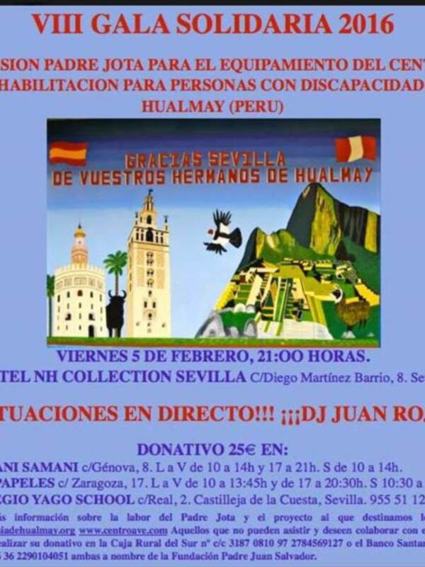 VIII Gala Solidaria 2016 en el Hotel NH Collection Collection Sevilla, con actuaciones en directo del DJ Juan Rojas, donativo de 25€, y donativos en Samani Samani, Maspapeles y Colegio Yago School.