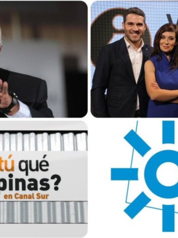 Panel de debate y logotipos de 'y tú qué opinas?' en Canal Sur