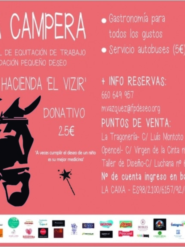 II Fiesta Campera en Hacienda El Vizir, con gastronomía, música en vivo, concurso de paellas y servicio de autobuses. Información de reservas, puntos de venta y cuenta bancaria para donativos.