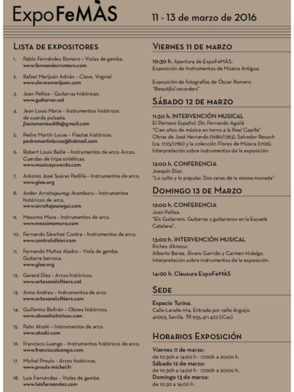 Programa de la exposición ExpoFeMÀS, celebrada del 11 al 13 de marzo de 2016, con intervenciones musicales y conferencias sobre instrumentos de música antigua.