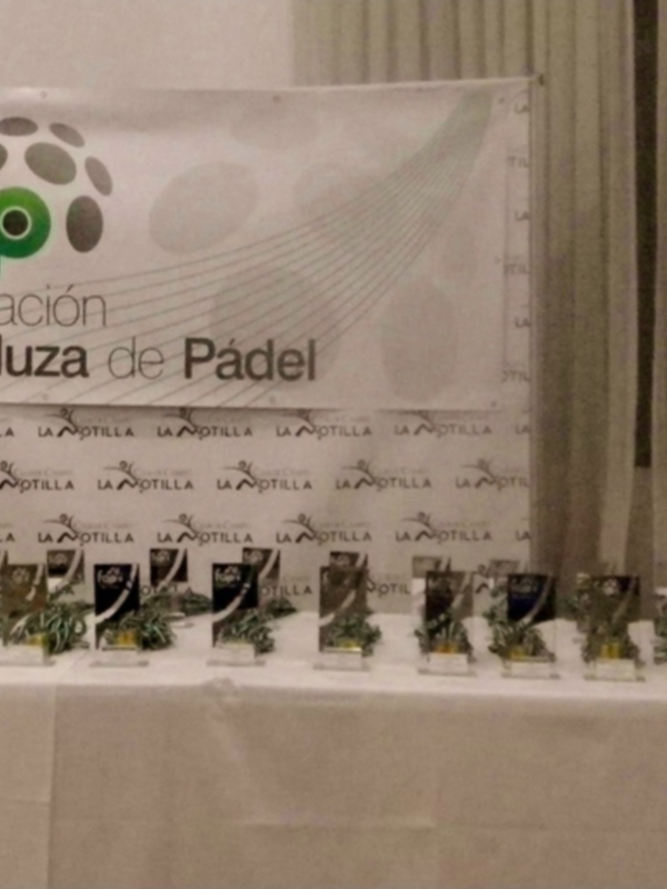 Federación Andaluza de Pádel en una conferencia de prensa con banderas y logotipos en el fondo.