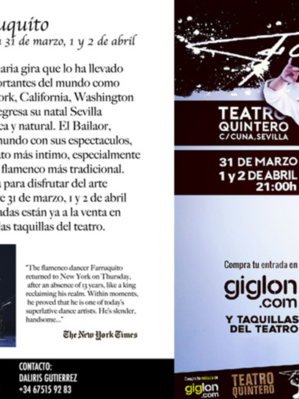 Farruquito en el Teatro Quintero de Sevilla, 31 de marzo y 2 de abril, 21:00h. Una oportunidad única para disfrutar del arte flamenco tradicional.