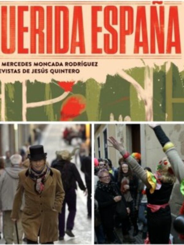 Poster for the film 'Mi Querida España' showcasing a man in a top hat and a lively street scene with people in festive attire.