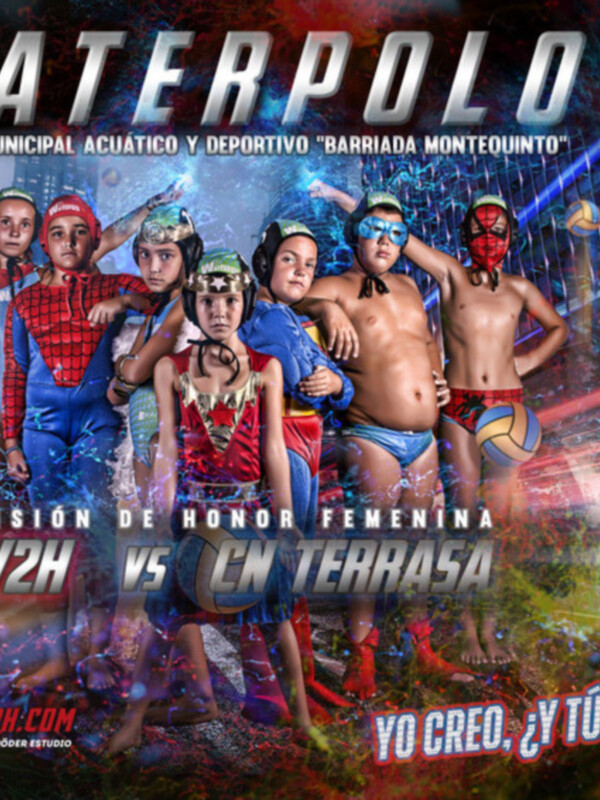 Cartel promocional de un partido de waterpolo femenino en el Centro Municipal Acuático y Deportivo "Barriada Montequinto", con niños vestidos de superhéroes y detalles de la competición.