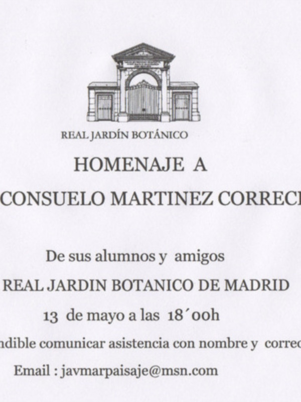 Real Jardín Botánico, homenaje a Dña. Consuelo Martínez Correcher, 13 de mayo de 2000, a las 18:00 horas, aforo limitado, inscripción por correo electrónico o teléfono.