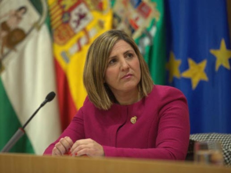 Mujer hablando en una rueda de prensa con banderas de España y la Unión Europea al fondo.