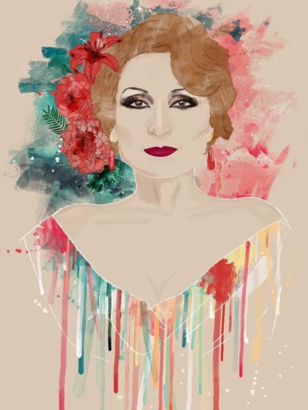 Ilustración de mujer con flores rojas y fondo abstracto de colores.