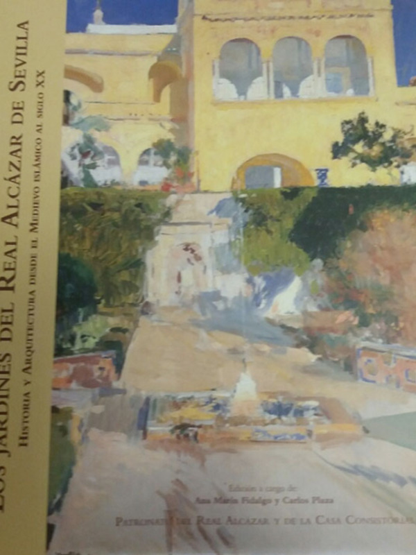 Pintura de los jardines del Real Alcázar de Sevilla, con arquitectura islámica del siglo XX.