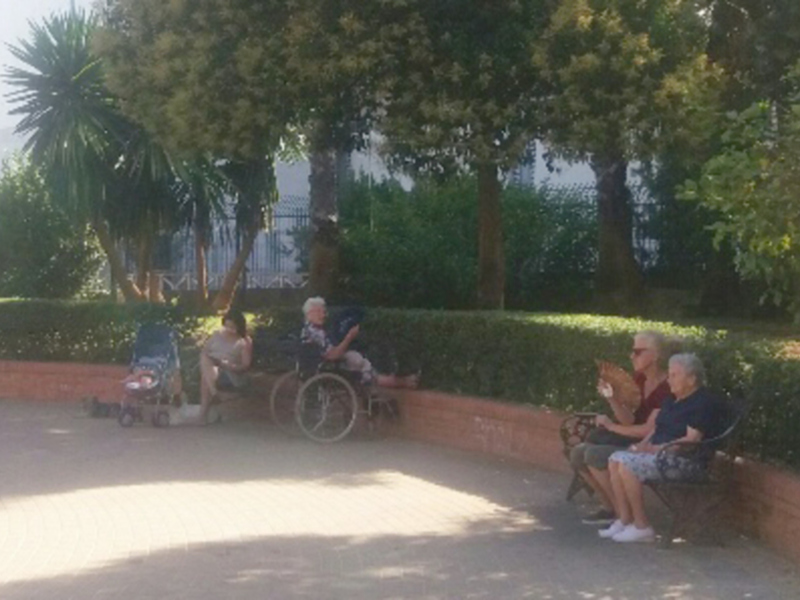 Una familia disfruta de un día soleado en un parque, con un bebé en un cochecito, una persona en silla de ruedas y dos adultos sentados en un banco. El parque está rodeado de árboles y arbustos, con un muro de ladrillos en el fondo.