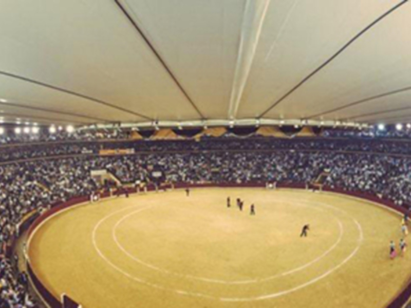 Panorámica de un estadio de fútbol con una gran multitud de espectadores en las gradas y un campo de juego circular iluminado.