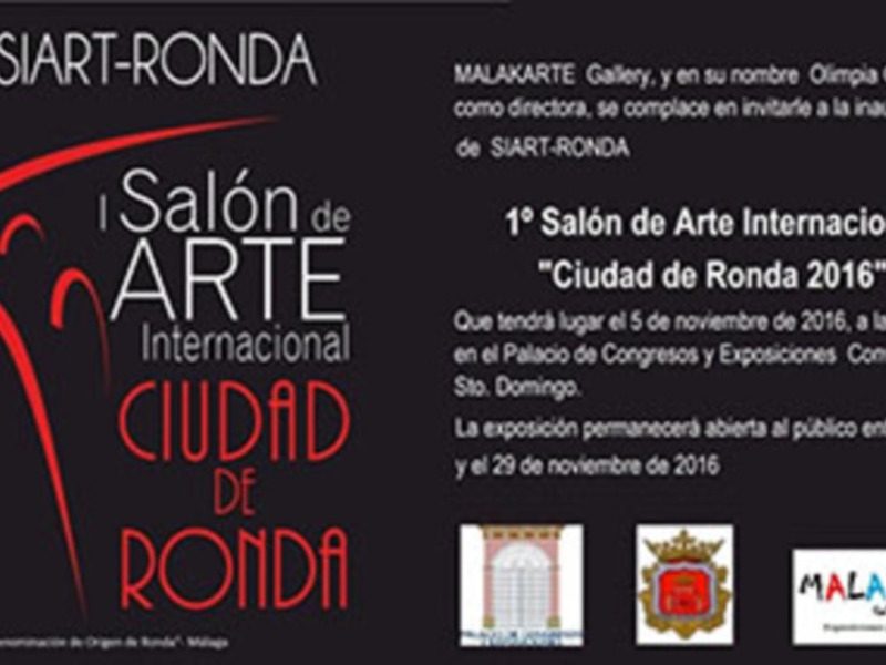 Invitación al 1º Salón de Arte Internacional en Ronda, celebrado el 5 de noviembre de 2016 en el Palacio de Congresos y Exposiciones de Santo Domingo, con el patrocinio de Malakarte Gallery y Olimpia Gutierrez.