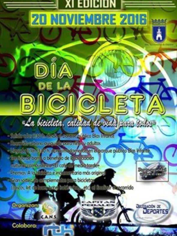 Afiche del Día de la Bicicleta 2016, con detalles sobre la carrera y premios.