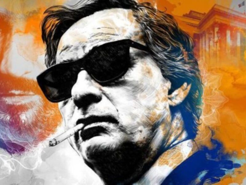 Retrato abstracto de hombre con cigarrillo y gafas de sol, fondo vibrante con edificio y mapa mundial.