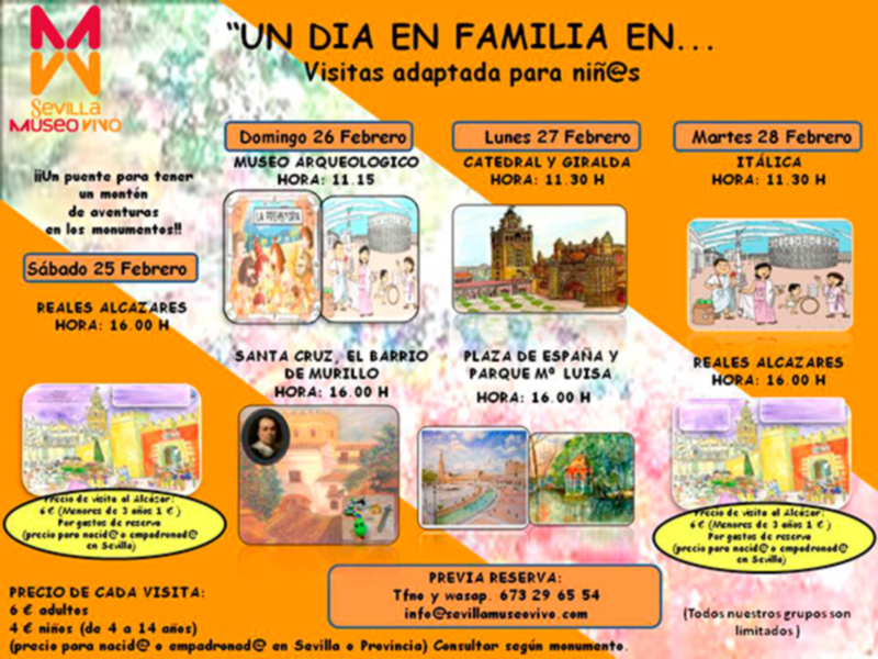 Afiche informativo de visitas adaptadas para niños en Sevilla, incluyendo museos y monumentos históricos.
