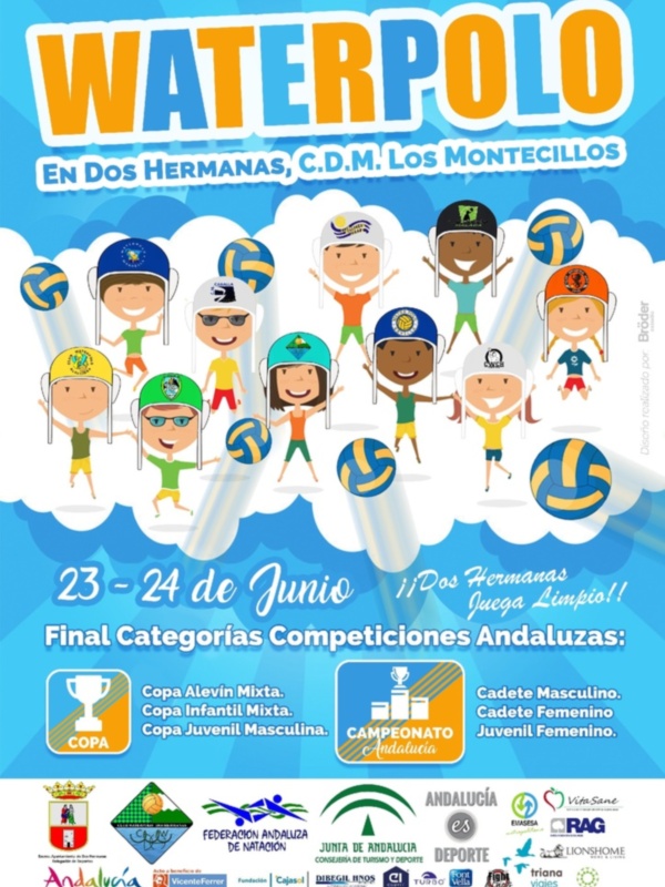 Cartel promocional del Campeonato Andaluz de Waterpolo, celebrado en Dos Hermanas, CDM Los Montecillos, del 23 al 24 de junio.