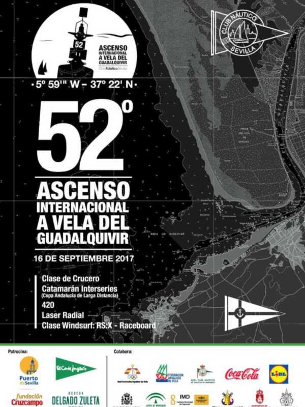 Cartel anunciando el Ascenso Internacional a Vela del Guadalquivir, celebrado el 16 de septiembre de 2017, con clases de crucero, catamarán, windsurf y más.