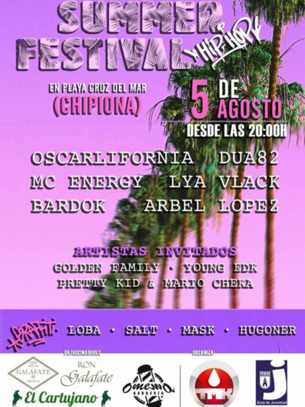 Afiche del Festival Summer Hip Hop en Chipiona, con fechas y artistas invitados.