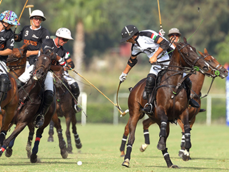 Jugadores de polo en acción durante un partido, con caballos y pelota en el campo de juego.
