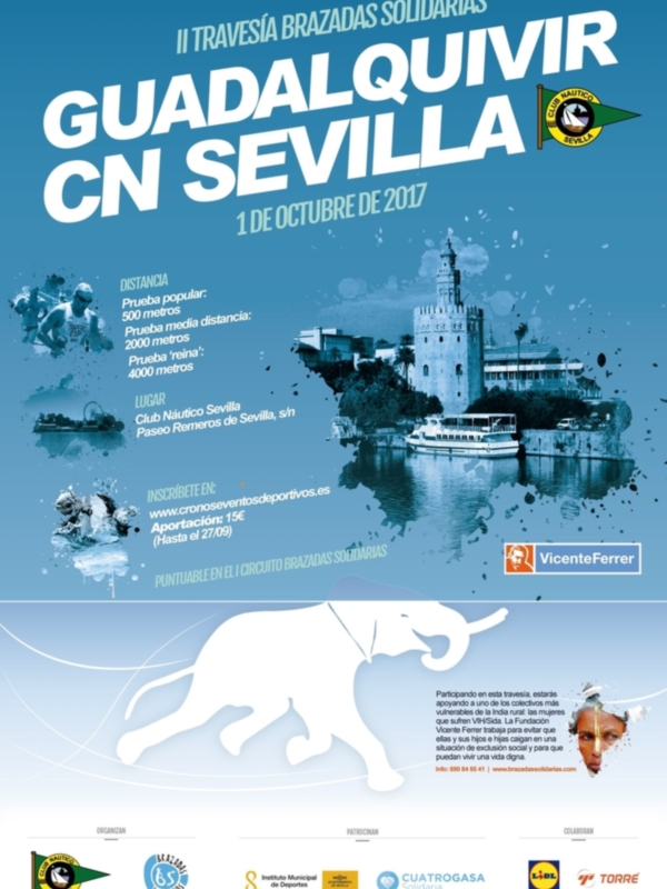 II Travesía Brazadas Solidarias en Sevilla, 1 de octubre de 2017. Pruebas de 500, 2000 y 4000 metros. Inscríbete en www.cronoseventosdeportivos.es