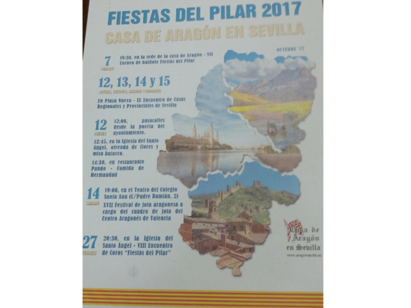 Afiche de las Fiestas del Pilar 2017 en Sevilla, con eventos y actividades programados para el 7, 12, 13, 14 y 15 de octubre.