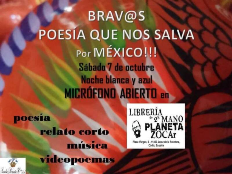 Invitación a evento de poesía, música y relato corto en la Librería de 2ª Mano Planeta Zocar, Jerez de la Frontera, el sábado 7 de octubre.