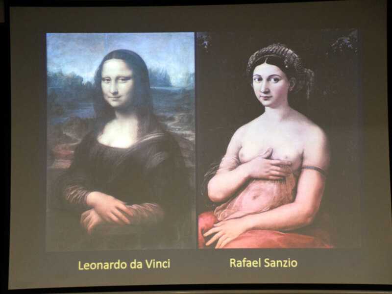 Comparación de obras de Leonardo da Vinci y Rafael Sanzio en una presentación.