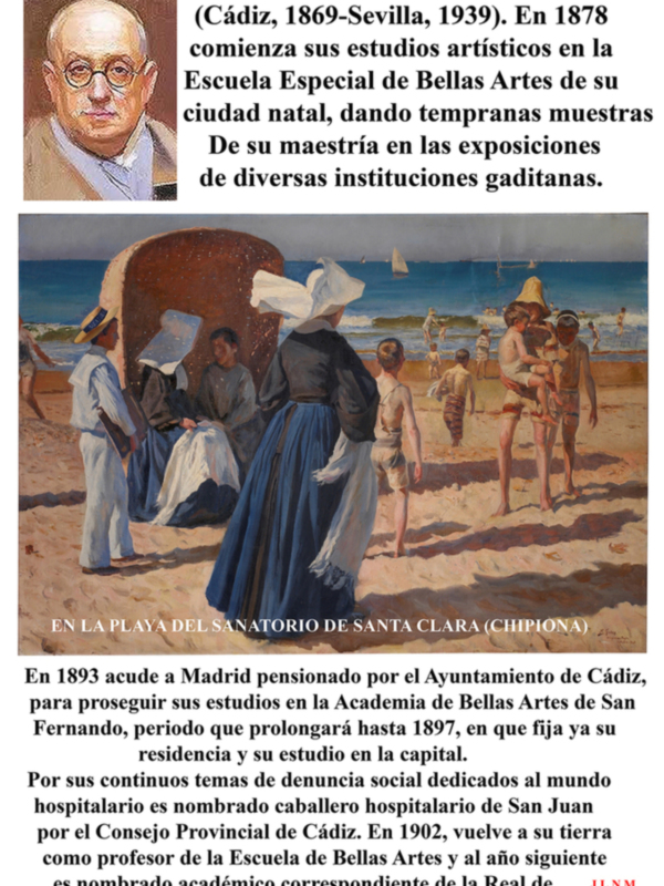 Pintura de Federico Godoy Castro, representando una escena en la playa del Sanatorio de Santa Clara, Chipiona, Cádiz, España, en 1893.