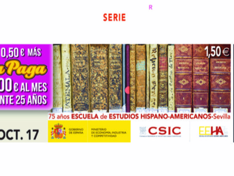 Anuncio de la serie 'La Paga' con promoción de 3.000 € al mes durante 25 años, destacando la Escuela de Estudios Hispano-Americanos en Sevilla.
