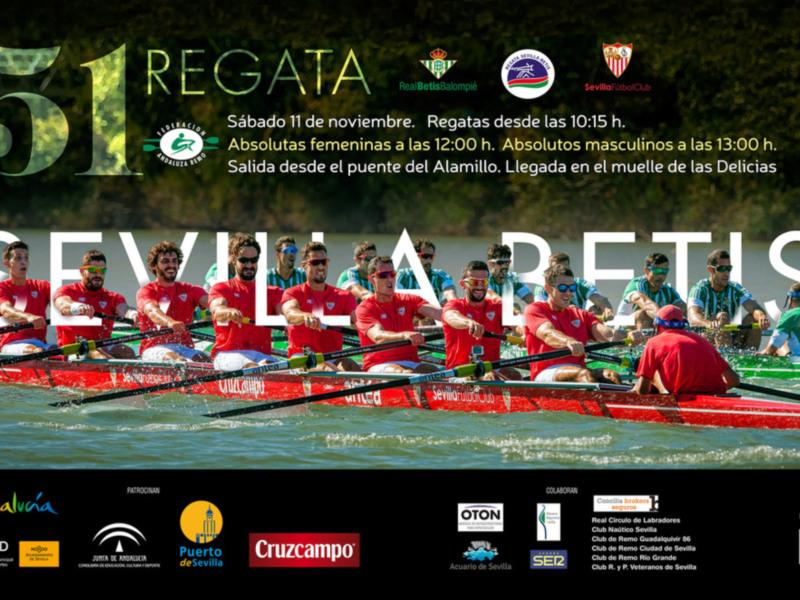 Equipo de remo en una canoa durante una regata en Sevilla, con detalles sobre la fecha, hora y ubicación de la competición.