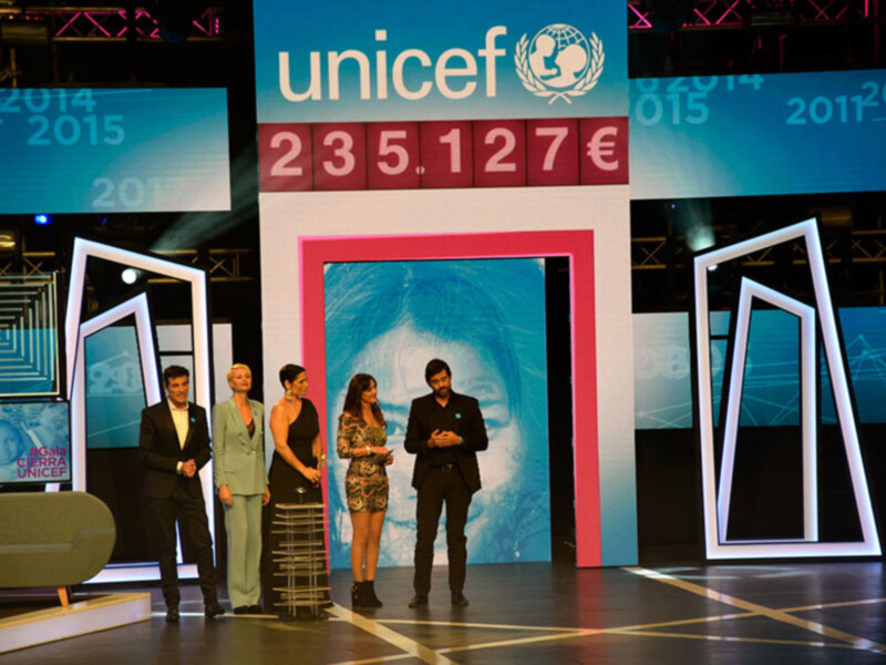 Presentación en la Gala UNICEF 2015 con paneles de años y pantalla de donaciones.
