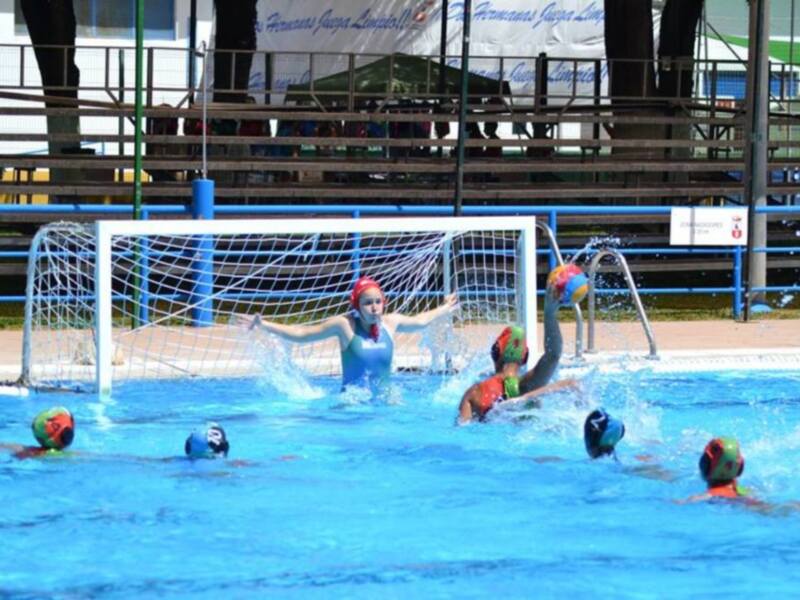 Jugadores de waterpolo en acción en una piscina.