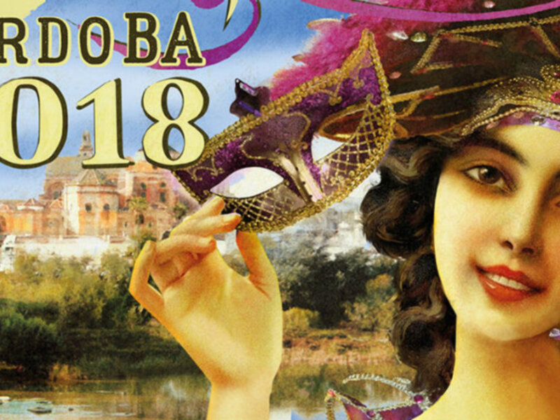 Cartel de Córdoba 2018 con una figura elegante y una vista de la ciudad en el fondo.