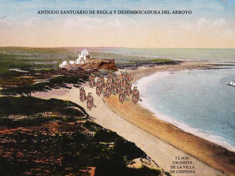Antiguo santuario de Regla y desembocadura del Arroyo, con una escena de marineros en la playa y barcos en el mar.
