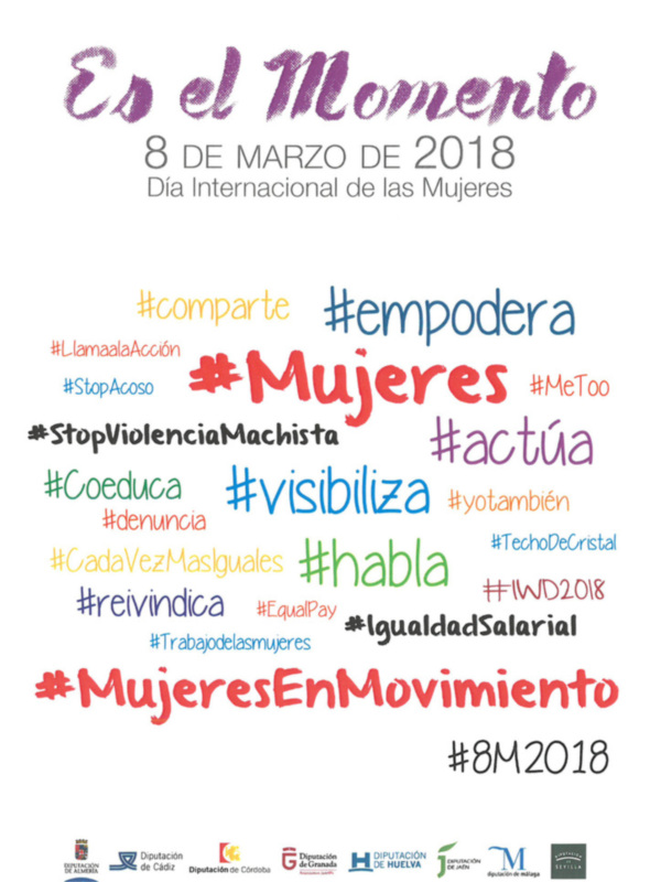 Cartel del Día Internacional de la Mujer 2018, con hashtags y mensajes sobre empoderamiento y igualdad.