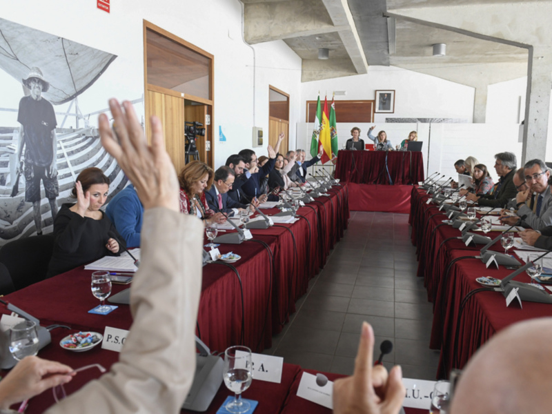 Una reunión formal con personas levantando las manos en respuesta a una pregunta o discusión.