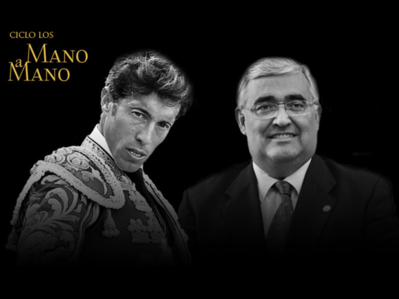 Retrato en blanco y negro de un torero y un hombre de negocios en un ciclo titulado 'Mano a Mano'.