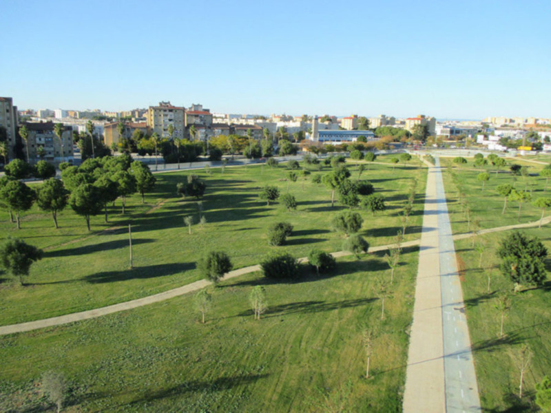 Área verde con senderos y edificios urbanos al fondo bajo un cielo claro.