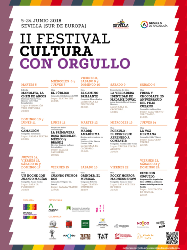 Festival Cultura Con Orgullo en Sevilla, junio 2018. Programación con diversas actividades culturales y artísticas.