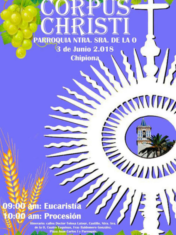 Celebración del Corpus Christi en Chipiona, España, el 3 de junio de 2018. Programa: 09:00 am Eucaristía, 10:00 am Procesión. Parroquia Ntra. Sra. de la O.