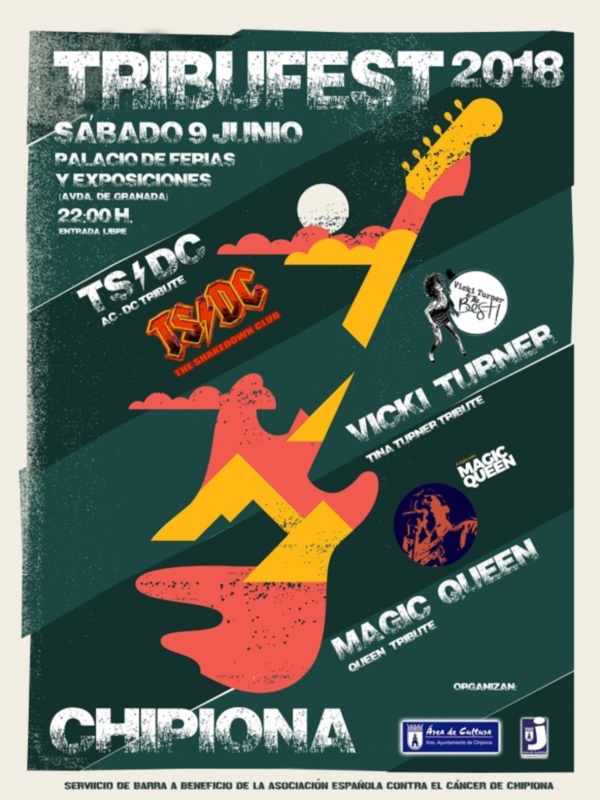 Cartel del Tribu Fest 2018 con actuaciones de AC/DC Tribute, Tina Turner Tribute y Queen Tribute en Chipiona.