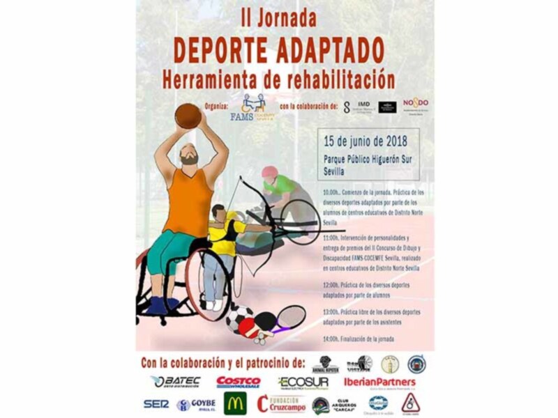 II Jornada Deportes Adaptados en el Parque Público Higuerón Sur, Sevilla, el 15 de junio de 2018, organizada por FAMS con la colaboración de IMD y NOSDO, con actividades de 10:00 a 14:00.