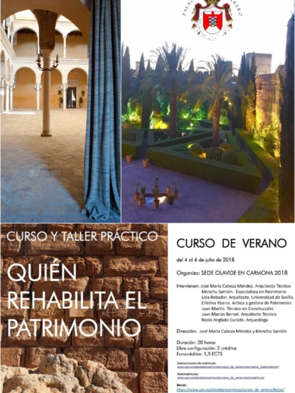 Cartel del Curso de Verano sobre Rehabilitación del Patrimonio en el Palacio Portocarrero, Carmona, 2018.