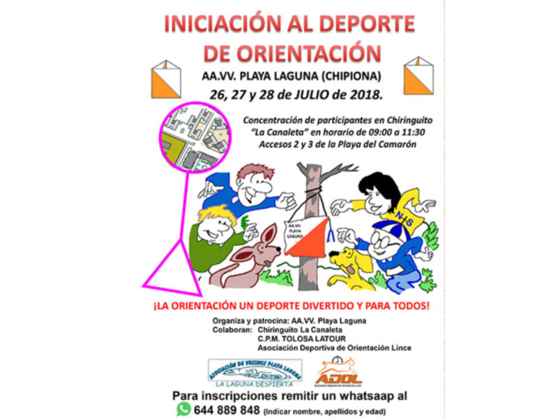 Afiche para la iniciación al deporte de orientación en Playa Laguna, Chipiona, del 26 al 28 de julio de 2018.