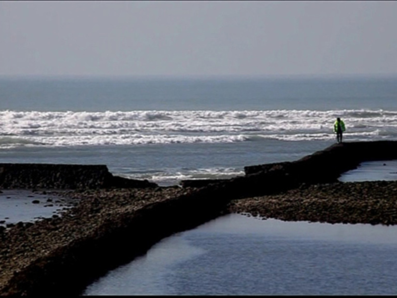 Persona caminando en la orilla de un mar con olas y un cielo despejado.