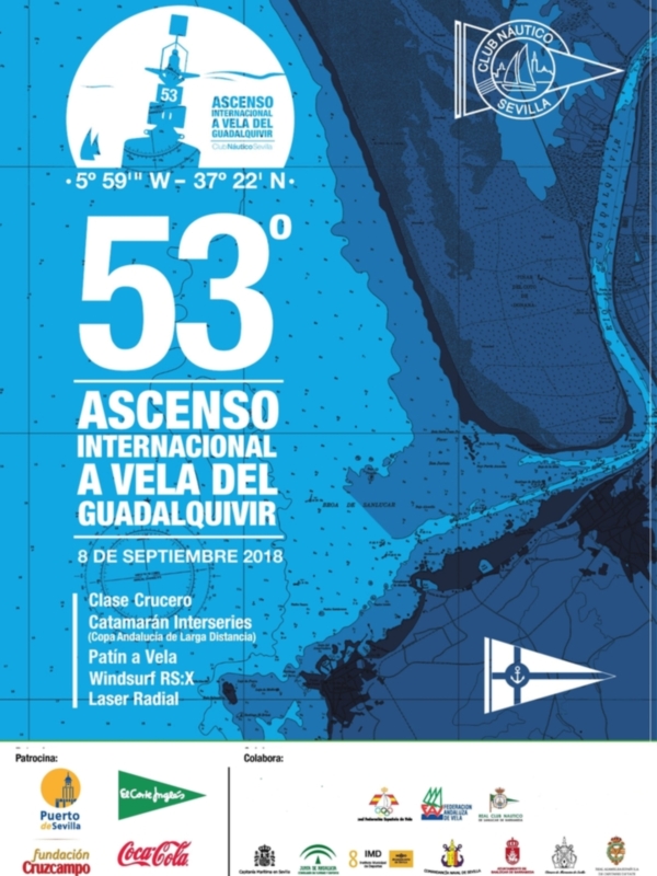 53º Ascenso Internacional a Vela del Guadalquivir, 8 de septiembre de 2018, Clase Crucero, Catamarán Interseries, Patín a Vela, Windsurf RS:X, Laser Radial, organizado por Club Náutico Sevilla.