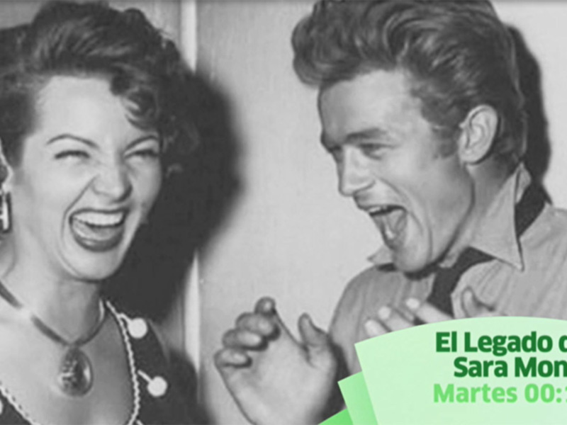 Una imagen en blanco y negro de una mujer y un hombre riendo juntos, con una etiqueta que indica 'El Legado de... Sara Montiel'.
