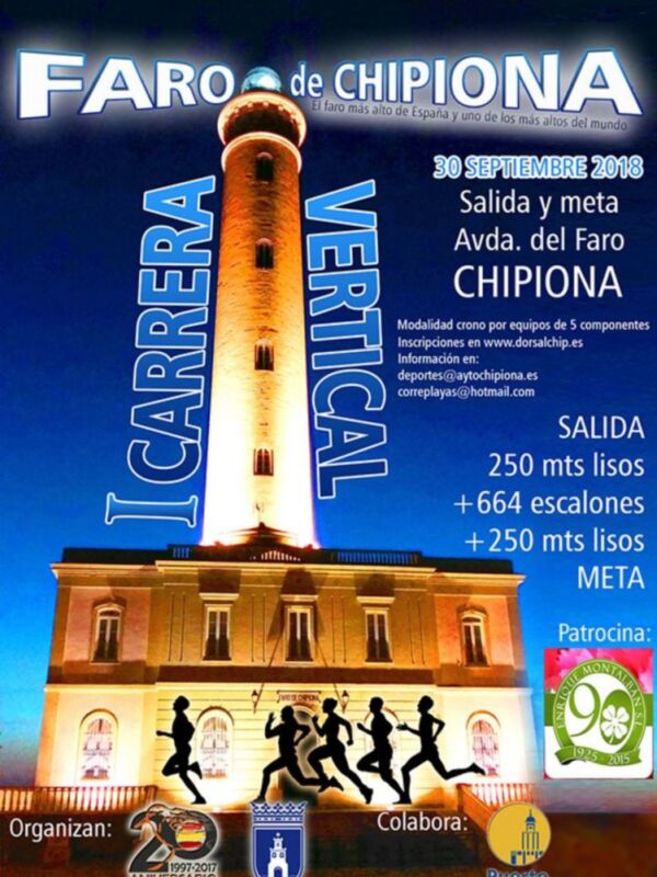 II Carrera Vertical Faro de Chipiona. 30 de septiembre de 2018. Salida y meta en Avda. del Faro. 250 mts lisos y más de 664 escalones. Organizada por la Asociación de Montaña de Chipiona.