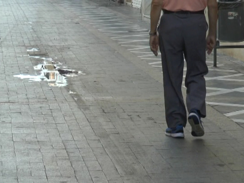 Persona caminando por un paseo adoquinado con una charca de agua en el suelo.