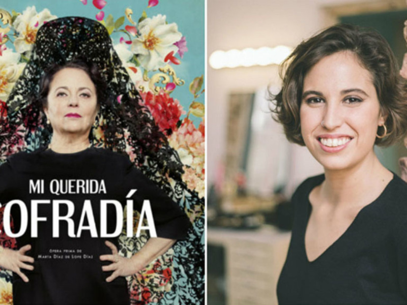 Una imagen dividida en dos: a la izquierda, una mujer con un vestido floral y el texto 'MI QUERIDA COFRADÍA', y a la derecha, una mujer sonriente con un fondo de pared de ladrillo.