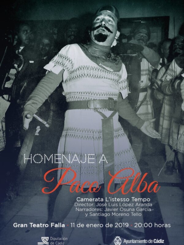 Poster de homenaje a Paco Alba con detalles sobre la camerata, los narradores y la fecha del evento.